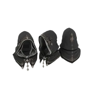 3D model of a black hooded cloak with ornate gold embroidery and dangling charms, shown from three different angles.