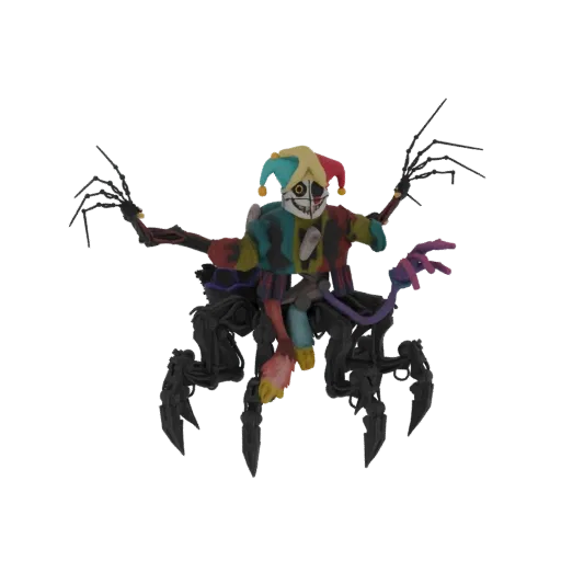 3D model of a Jester Mech with a colorful jester costume and dark mechanical spider legs, against a white background.