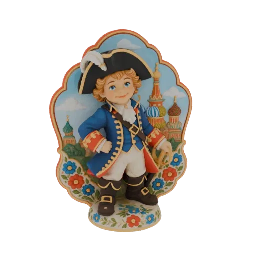 3D model of a young boy in an 18th-century military uniform with Moscow Kremlin towers in the background and floral base.