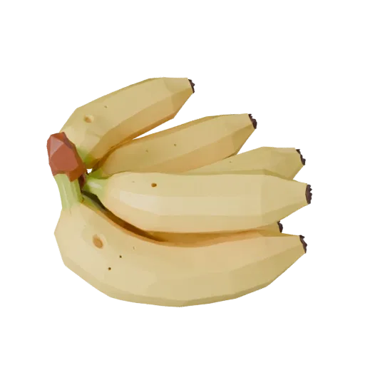 Ripe Banana Bunch Low Poly 3D model, game viewport three-quarter view, showing skin pores, recognizable fruit forms.