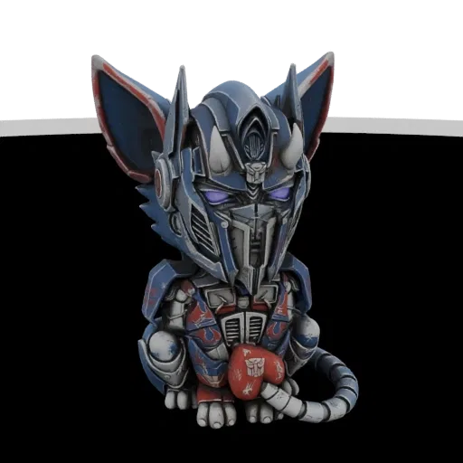 3D model of a chibi cat wearing Optimus Prime's armor, holding a heart with the Autobot logo.