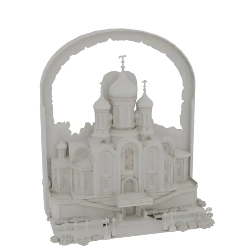 Modello 3D di una chiesa ortodossa bianca con cupole multiple, inserita in un grande arco, presentata su sfondo nero.