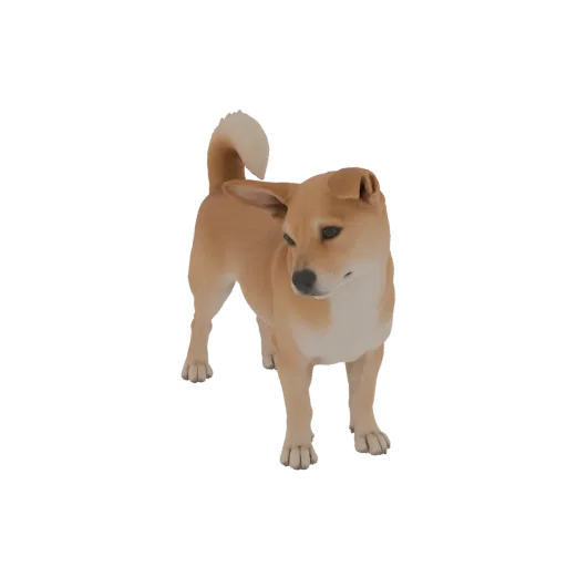 A 3D render of a light brown Shiba Inu dog standing on a white background, looking slightly to the right.