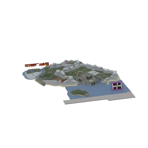 Render 3D de base insular con complejo central, muelle, helipuerto y terreno rocoso, presentado sobre fondo blanco.