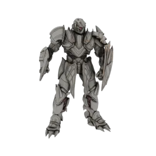 Modelo 3D de un guerrero cibernético gris con ojos rojos y un escudo, de pie contra un fondo blanco.