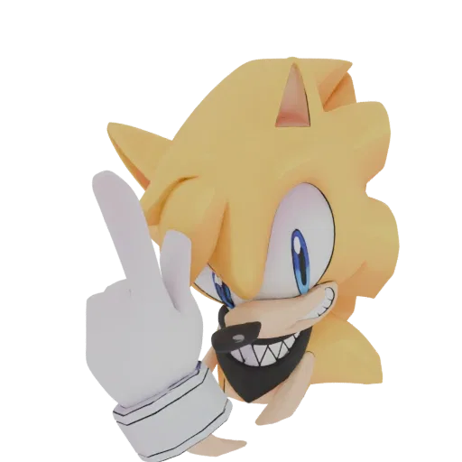 3D model of a yellow hedgehog character with blue eyes, a black bandana, and a white-gloved hand pointing forward.