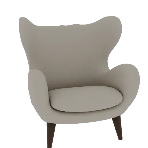 A 3D render of a modern beige wingback armchair with dark wooden legs, isolated on a white background.