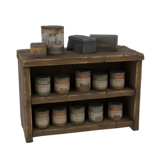 Modello 3D di uno scaffale rustico in legno riempito con vari alimenti in scatola in stile vintage e contenitori metallici.