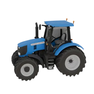 A realistic 3D model of a blue tractor with large, detailed tires and a visible cabin, set against a white background.