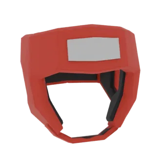 A 3D render of a red boxing headgear with a silver accent panel on the forehead, isolated on a black background.