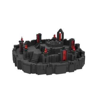 Modelo 3D de altar de cidadela sombria gótica com estandartes vermelhos e braseiros flamejantes.