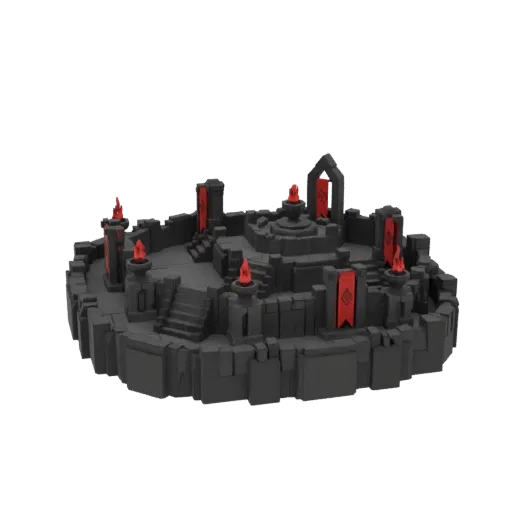 3D model of a dark, gothic citadel altar with red banners and fiery braziers, set against a white background.