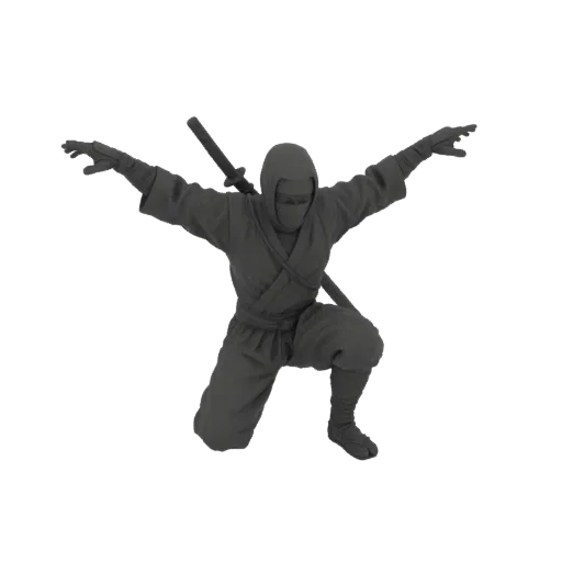 Modelo 3D de un guerrero ninja en pose agachada dinámica, vistiendo atuendo tradicional y portando espada.