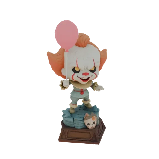 3D model of a chibi Pennywise figure with orange hair, white face paint, red smile, holding a pink balloon, standing on a roc
