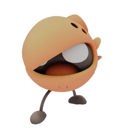 Modelo 3D monstro cartoon laranja com boca aberta e olhos redondos grandes, em pé sobre pernas finas.