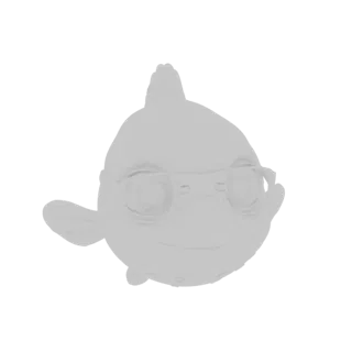Uma renderização 3D de um personagem de peixe estilizado, cinza claro, usando óculos grandes e redondos, com uma pequena barb