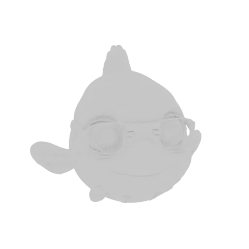 Uma renderização 3D de um personagem de peixe estilizado, cinza claro, usando óculos grandes e redondos, com uma pequena barb