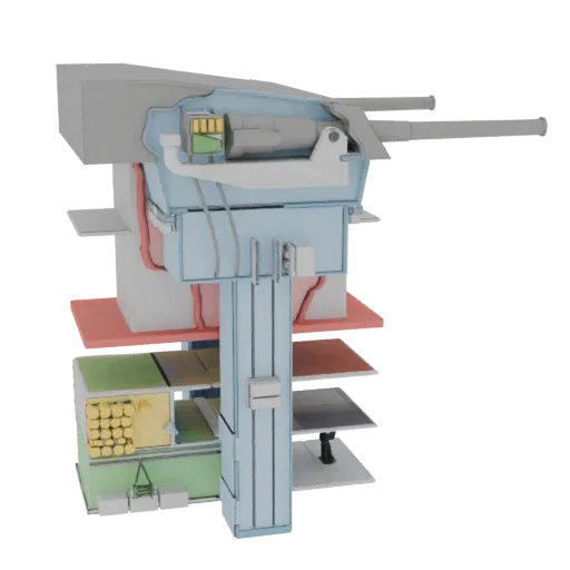 3D model of a naval gun turret shown in cross-section, revealing internal components and ammunition storage.