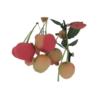 Un rendering 3D di un grappolo stilizzato di ciliegie rosse e gialle su uno stelo verde, su sfondo nero.