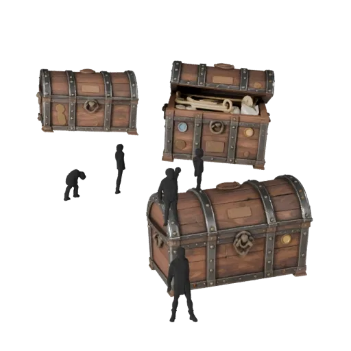 Adventurer Treasure Chest Realistic 3D model, three-quarter studio render, showing aged wood, clear pickup silhouette.