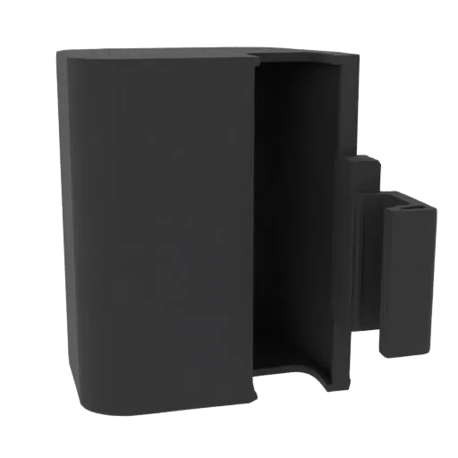 3D model of a dark gray U-shaped sealing strip profile, shown from a side angle against a black background.