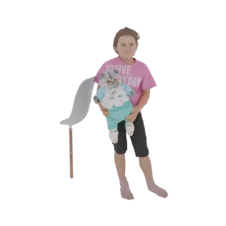 3D model of a child holding a grey and white cat plush toy, wearing a pink t-shirt and black shorts.