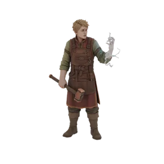 3D model of a young male blacksmith with blonde hair, wearing a leather apron, holding a hammer and conjuring lightning from