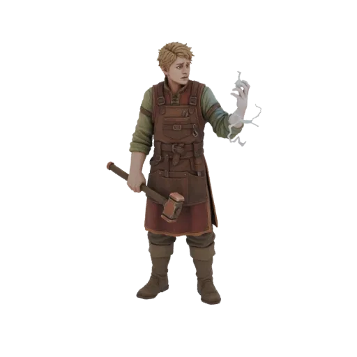 3D model of a young male blacksmith with blonde hair, wearing a leather apron, holding a hammer and conjuring lightning from