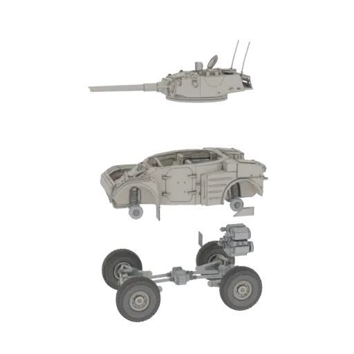 Exploded view 3D model of an armored car, showing the turret, body, and chassis separated.