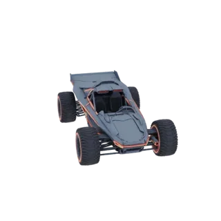 3D model of a futuristic dune buggy with a grey body, orange accents, and large off-road tires, shown against a white backgro