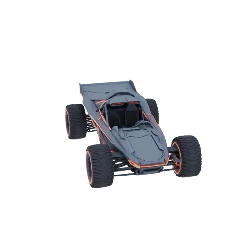 Modèle 3D de buggy futuriste gris, accents orange, gros pneus tout-terrain, fond blanc.