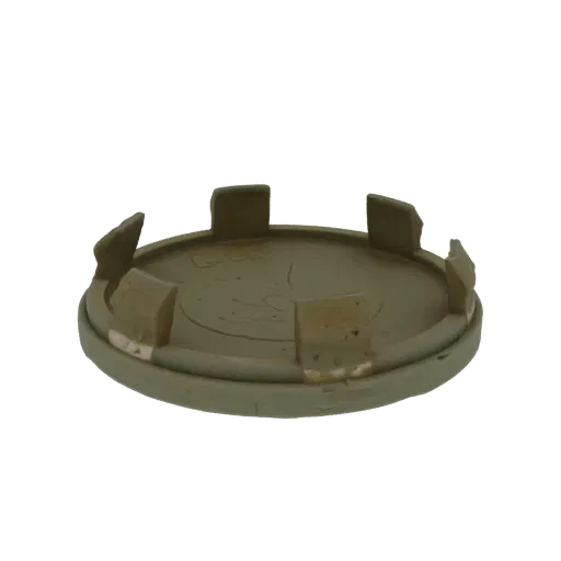 3D model of a weathered olive green hubcap with six angled tabs around its rim, set against a white background.