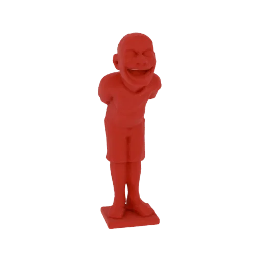 3D render of a red figurine of a young boy with a wide, joyful laugh, eyes closed, wearing shorts and a t-shirt, standing on