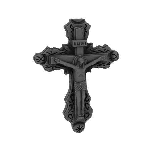 3D model of an ornate crucifix with the figure of Jesus Christ, featuring detailed scrollwork and the inscription INRI.