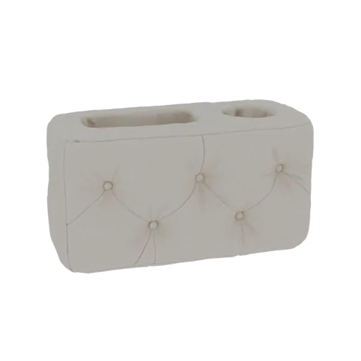 3D model of a cream-colored, tufted upholstered tissue box holder with a separate compartment for storage.