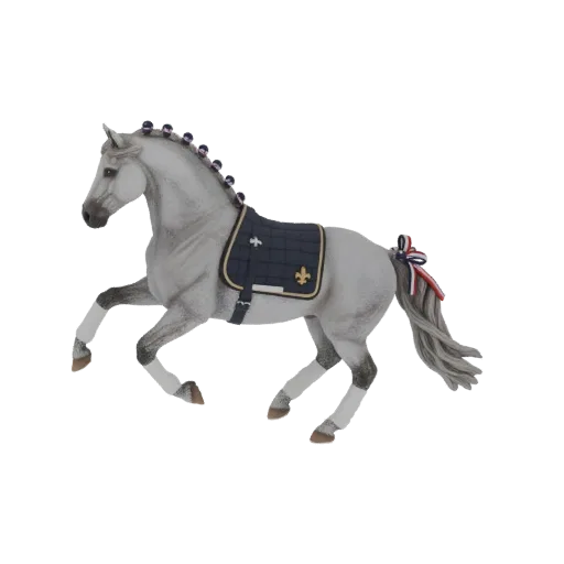 3D model of a grey horse with a navy saddle blanket and a red, white, and blue bow in its tail, posed dynamically.