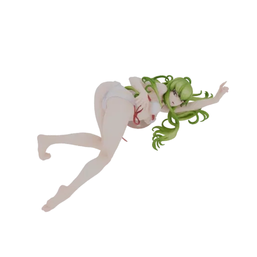 Modèle 3D fille anime aux longs cheveux verts, portant un bikini blanc, en pose détendue.