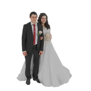 Modelo 3D de um casal de noivos, noiva em vestido branco e noivo em terno escuro, segurando um buquê.