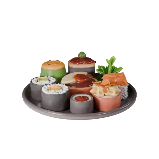 Street Food Sushi Set Product Viz 3D model, three-quarter studio product render, showing sauces, plated composition.