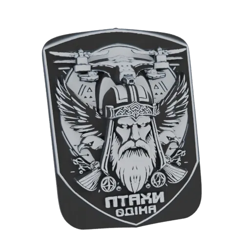 3D render of a Viking warrior emblem with eagles, featuring a bearded face, helmet, and ancient script.