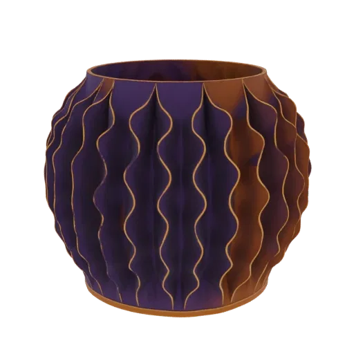 A 3D render of a modern vase with a wavy geometric pattern in purple and gold, presented on a white background.
