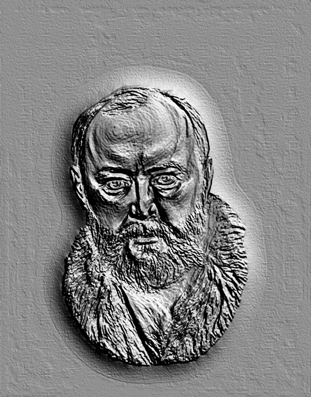 3D model of Alexander Ostrovsky's bas-relief, created in classical sculpture style, with detailed rendering of facial feature
