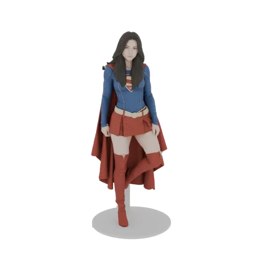 3D model of Supergirl in her classic blue and red costume, standing on a display base with her cape flowing.