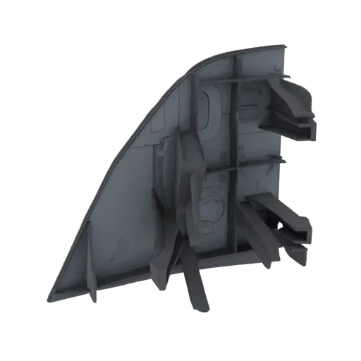 3D model of a complex automotive interior trim component, showing internal structural supports and a sleek exterior.