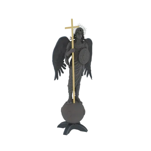 3D model of Archangel Michael standing on a globe, holding a golden cross and shield, with large dark wings and a halo.