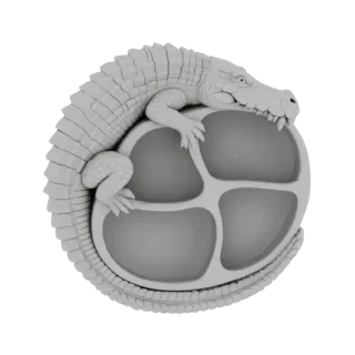 Render 3D de una escultura de caimán gris enroscada alrededor de una bandeja circular dividida en cuatro secciones, sobre un