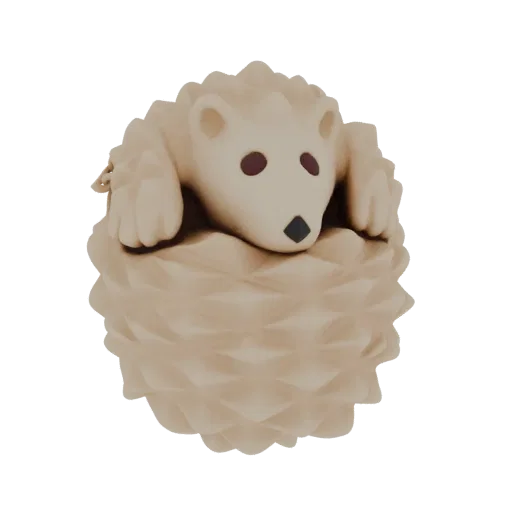 3D model of a cute, stylized hedgehog curled into a ball, with a matte beige finish and dark eyes.