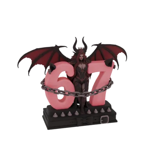 3D model of a demonic female figure with red hair and bat wings, holding pink numbers '67' bound by chains, on a spiked base.