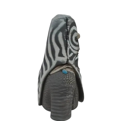 Side view of a 3D model featuring a creature with a zebra-patterned head and textured grey body, accented with a small blue j