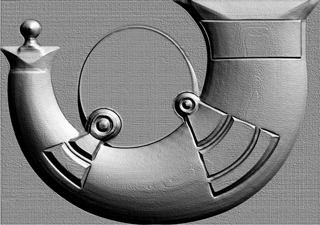 3D model of a Baroque "Flute" bas-relief with detailed ornament and metal texture.